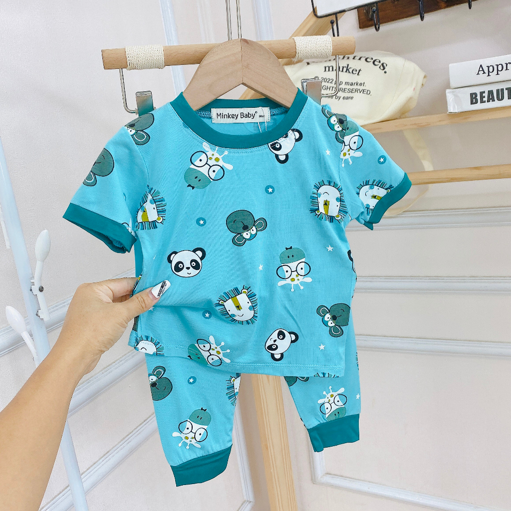 Bộ  Tay Ngắn Quần Dài Minkey Baby Chất Thun Lạnh In Họa Tiết Hoạt Hình Dể Thương Cho Bé Trai -Bé Gái