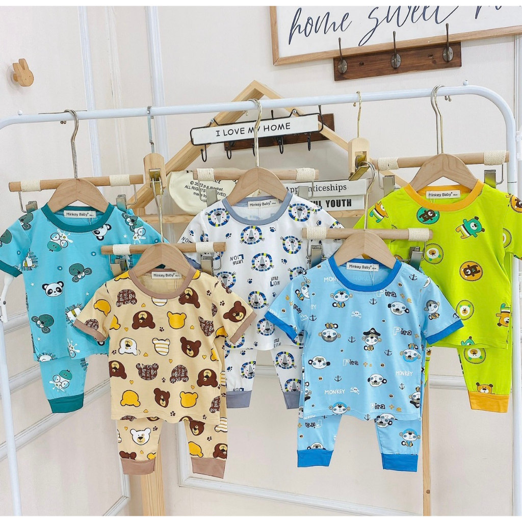 Bộ  Tay Ngắn Quần Dài Minkey Baby Chất Thun Lạnh In Họa Tiết Hoạt Hình Dể Thương Cho Bé Trai -Bé Gái