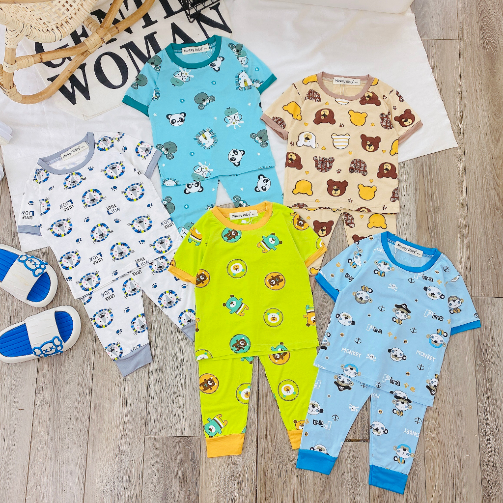 Bộ  Tay Ngắn Quần Dài Minkey Baby Chất Thun Lạnh In Họa Tiết Hoạt Hình Dể Thương Cho Bé Trai -Bé Gái