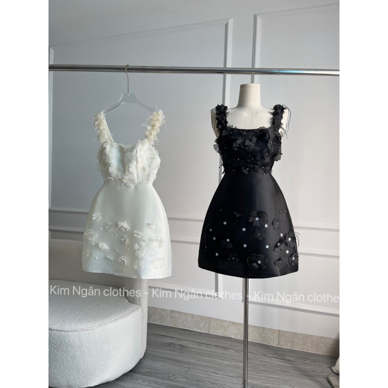 Váy Hai Dây Tafta Đính Hoa Lông Mặc 2 Kiểu Trễ Vai Sang Chảnh
