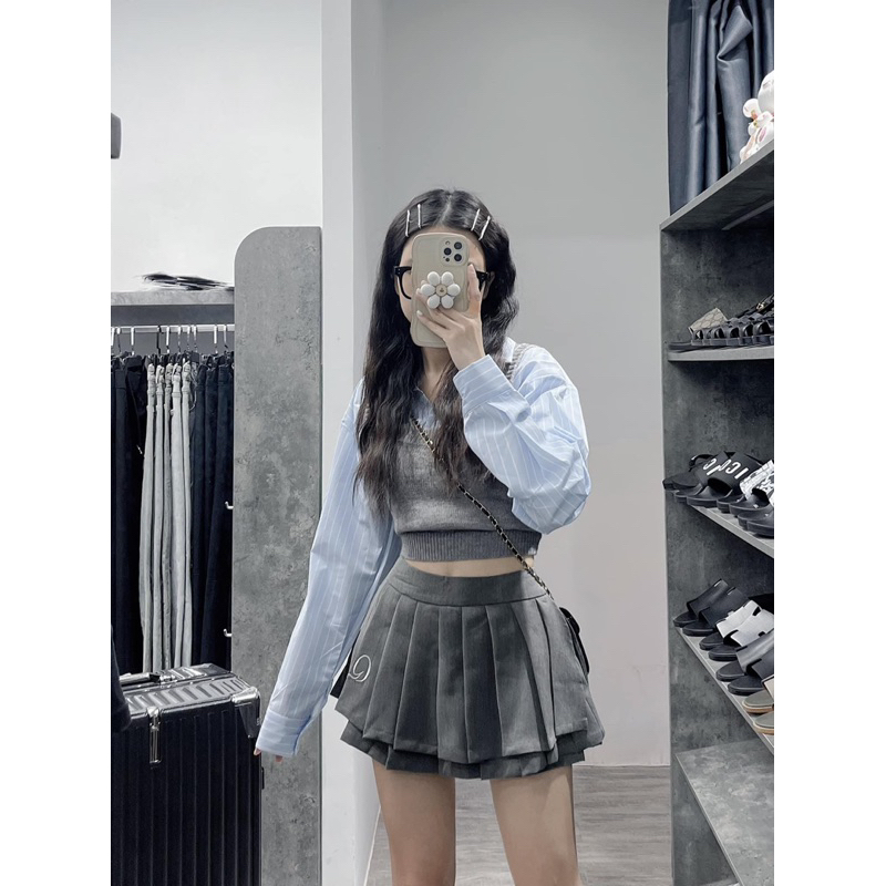 Áo gile len mix sơ mi croptop dài tay tách rời hàng Quảng Châu