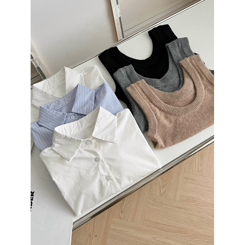 Áo gile len mix sơ mi croptop dài tay tách rời hàng Quảng Châu