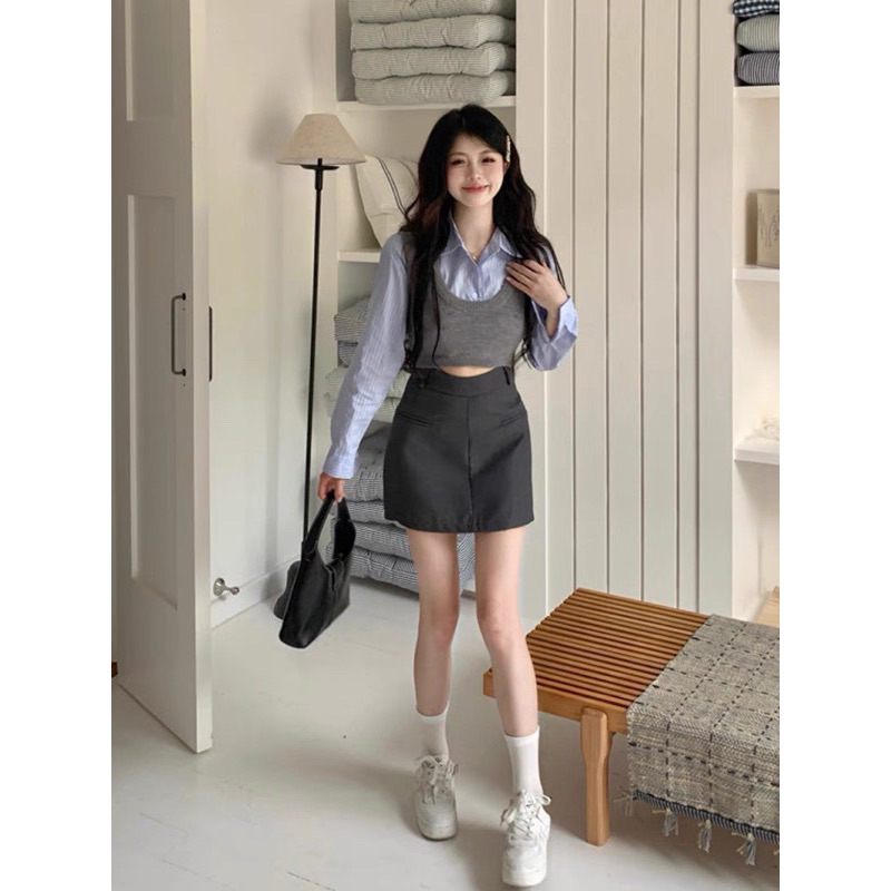 Áo gile len mix sơ mi croptop dài tay tách rời hàng Quảng Châu