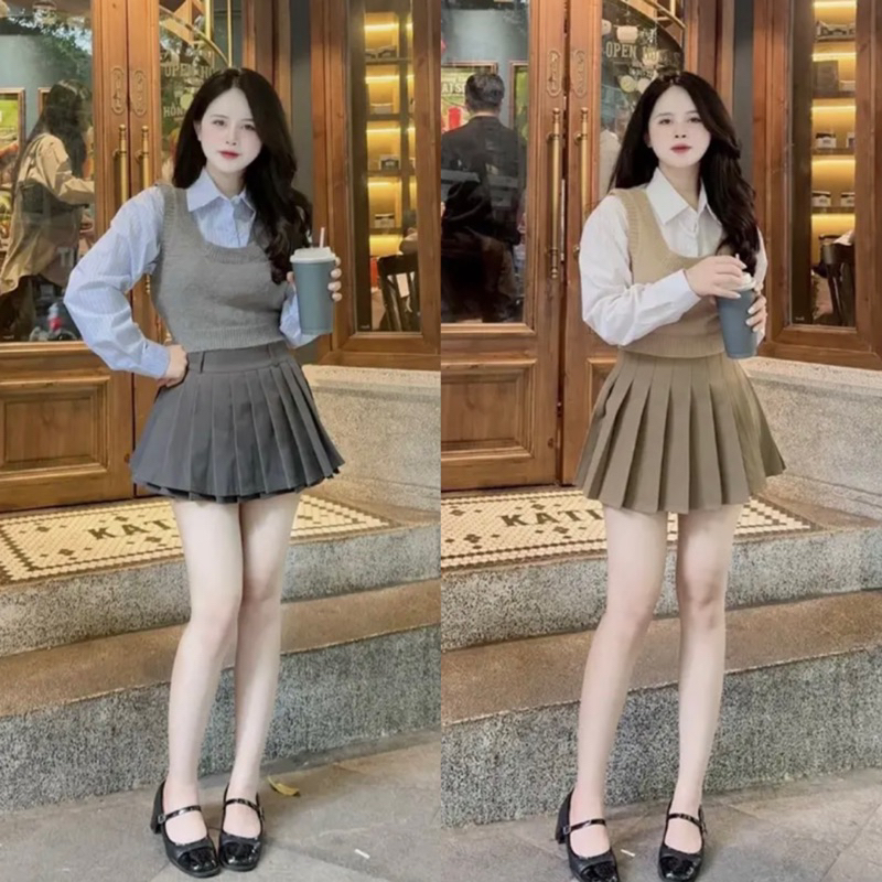 Áo gile len mix sơ mi croptop dài tay tách rời hàng Quảng Châu