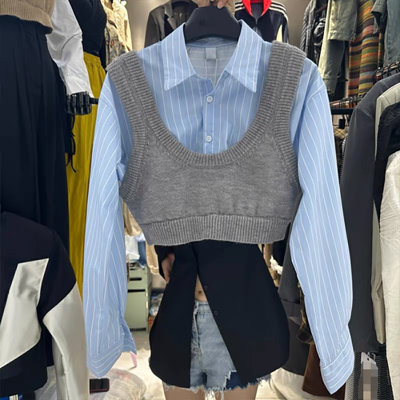 Áo gile len mix sơ mi croptop dài tay tách rời hàng Quảng Châu