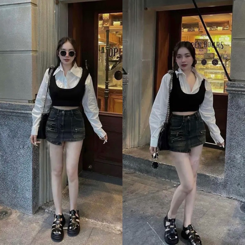 Áo gile len mix sơ mi croptop dài tay tách rời hàng Quảng Châu