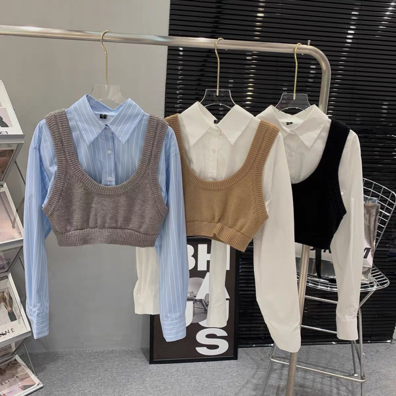Áo gile len mix sơ mi croptop dài tay tách rời hàng Quảng Châu
