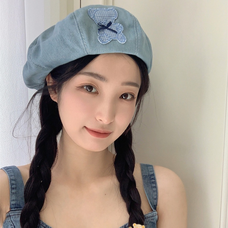 Mũ beret màu trơn phong cách Hàn Quốc cổ điển thời trang cho nữ，mũ bò hoạ tiết gấu