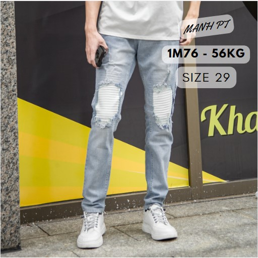 Quần jean nam rách gối vá màu xanh nhạt xước co giãn phom ôm dáng slimfit VNXK pon.mens hà nội hcm
