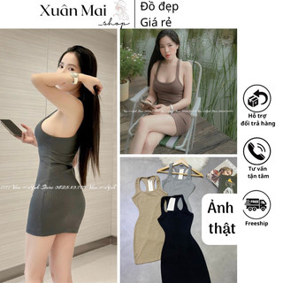 Váy body nữ basic form ngắn chất gân dày dặn hở cổ sâu khoét lưng năng động ba màu siêu xinh
