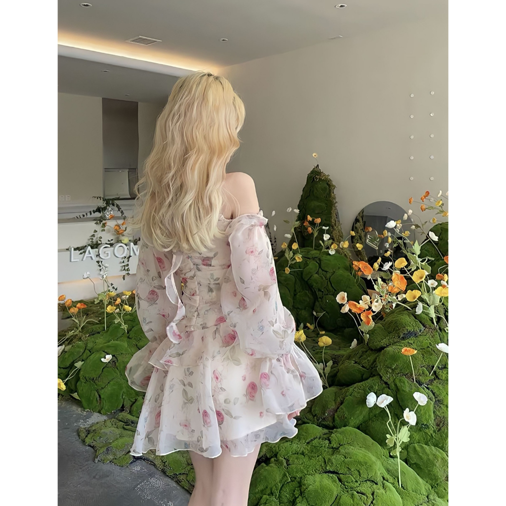 Váy trễ vai ren hoa tay bồng dáng dài 2 dây tag mác ROSE hàng loại 1 TH02