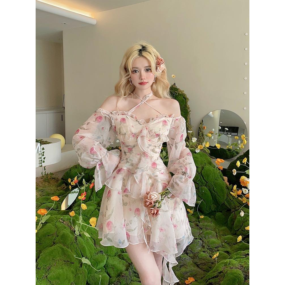 Váy trễ vai ren hoa tay bồng dáng dài 2 dây tag mác ROSE hàng loại 1 TH02