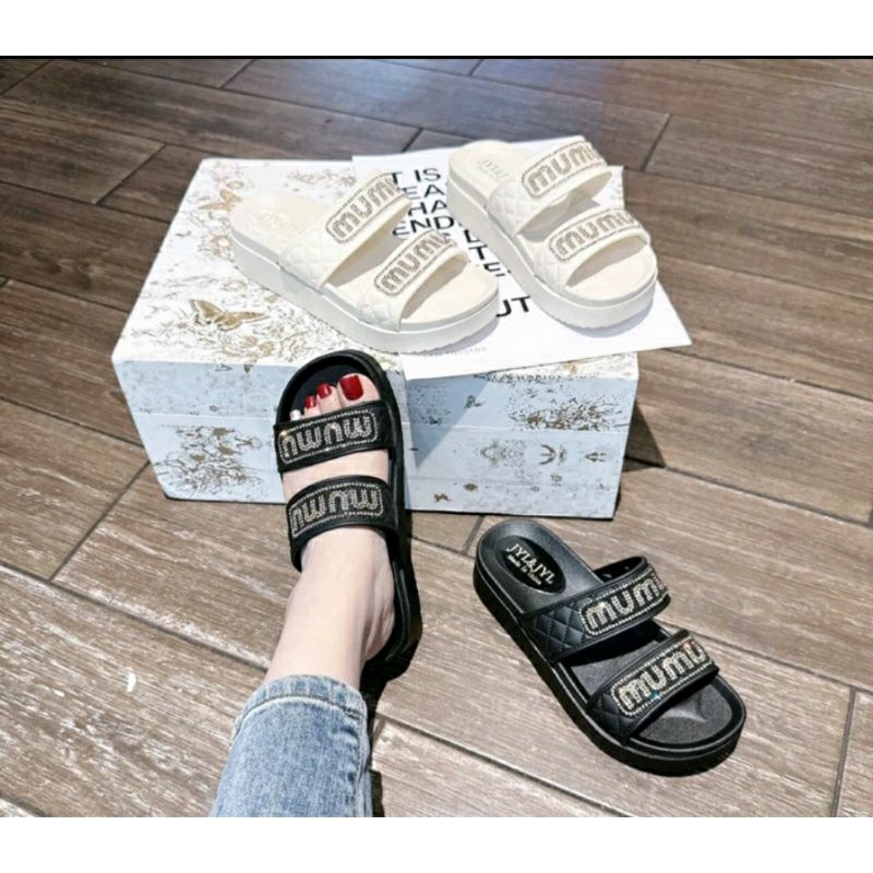 Dép sandal đế cao 2 quai ngang họa tiết MuMu ,đế cao 4.5cm