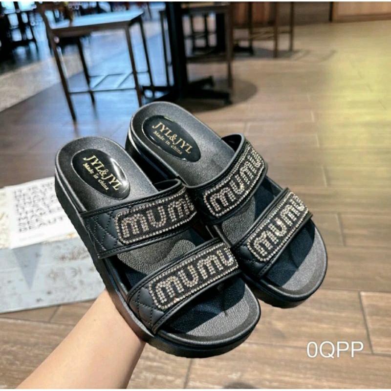 Dép sandal đế cao 2 quai ngang họa tiết MuMu ,đế cao 4.5cm