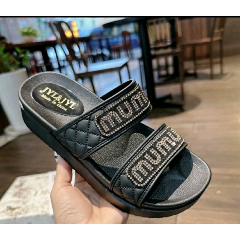 Dép sandal đế cao 2 quai ngang họa tiết MuMu ,đế cao 4.5cm