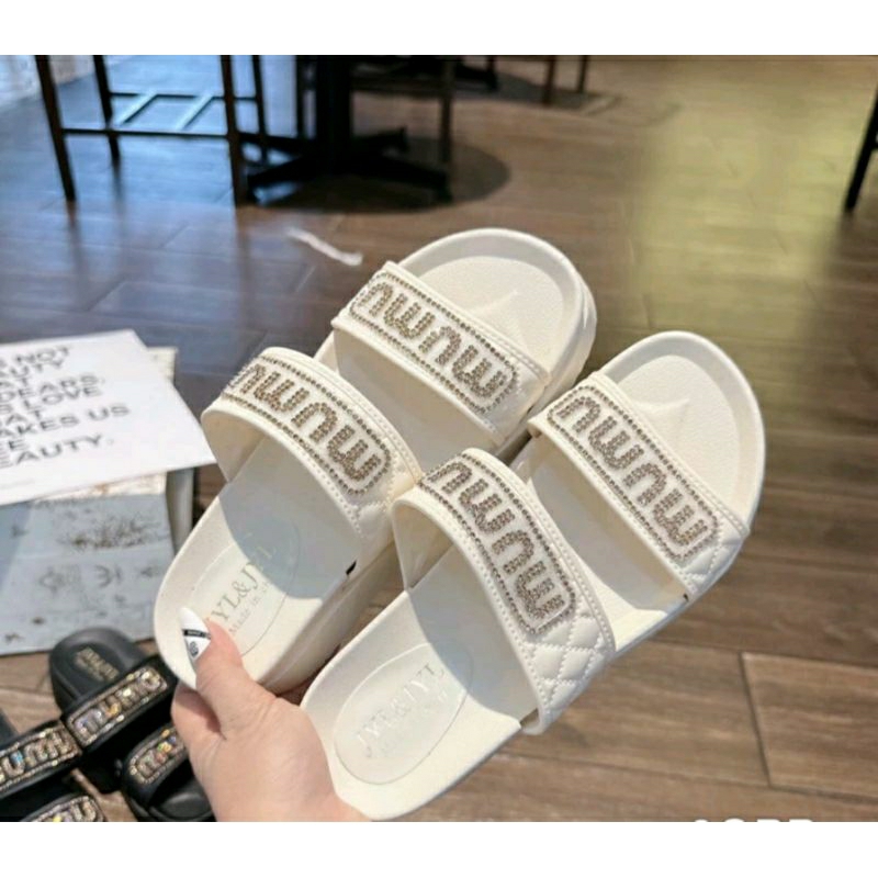 Dép sandal đế cao 2 quai ngang họa tiết MuMu ,đế cao 4.5cm