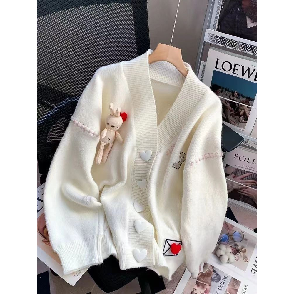 Áo Khoác Cardigan Len Tay Dài Hàng Qccc Cổ V Dáng Rộng Phối Thêu Gấu Nổi Tim Và Nhiều Hình Hoạt Hình Siêu Cute Smide
