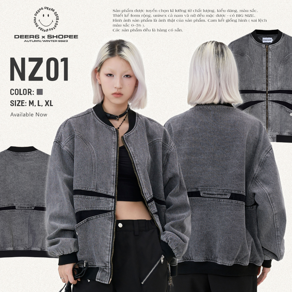 Áo khoác denim, bomber jacket Made Extreme NZ01 oversize nam nữ màu xám
