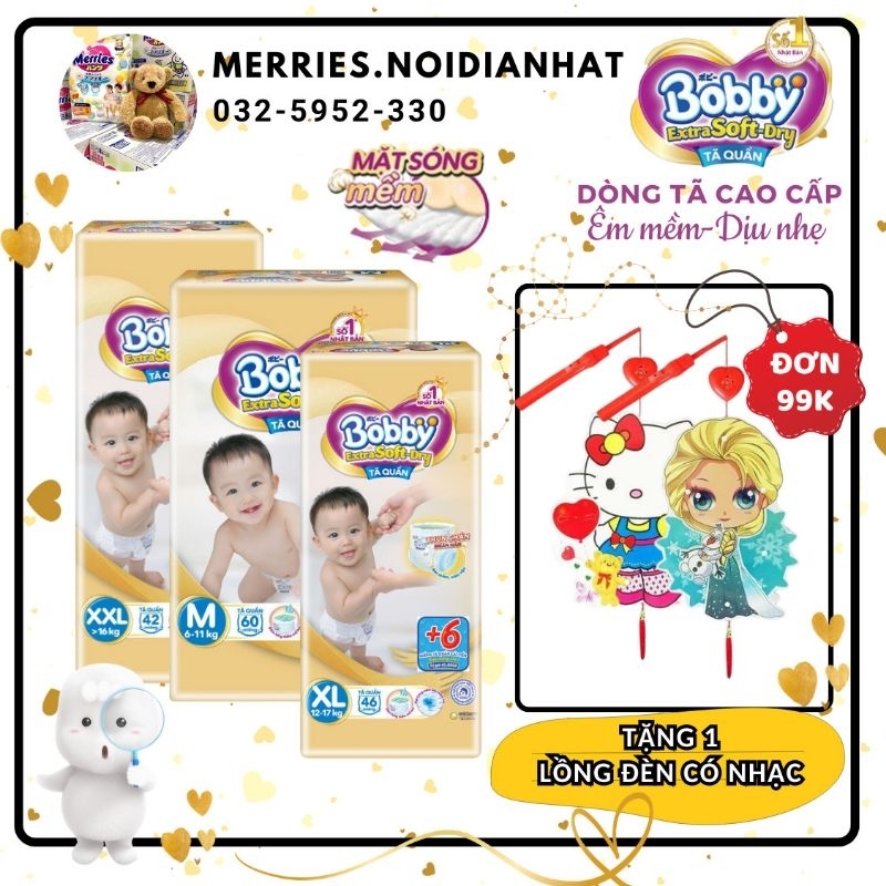 Tã quần cao cấp BOBBY EXTRA SOFT DRY siêu mềm M60/L52/XL46/XXL42
