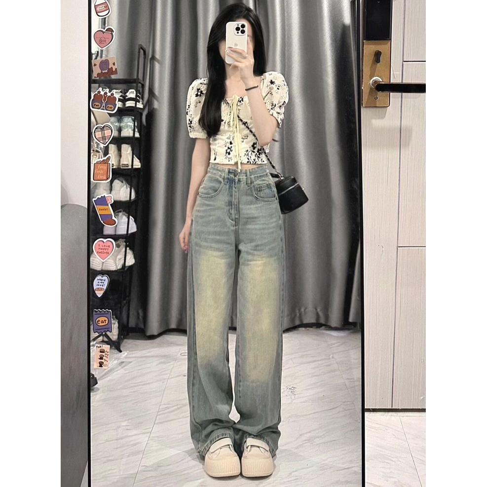 Quần jeans nữ ông suông, quần bò nữ ống suông mài mặt trước phối vân mèog siêu iêu HT 28 | BigBuy360 - bigbuy360.vn