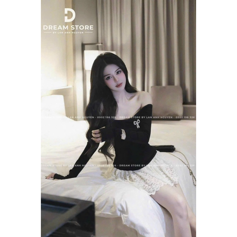 Sét đồ nữ tay dài đính nơ đá kèm chân váy tầng siêu xinh cao cấp