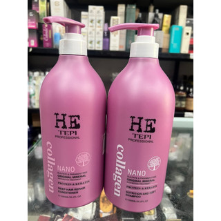 Cặp dầu gội xả mềm mượt ngăn rụng tóc he tepi collagen nano 1000ml x2