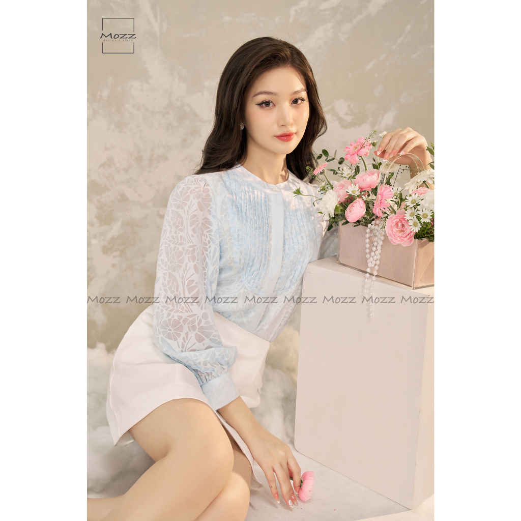 Mozz-Áo sơ mi nữ tiểu thư, 2 lớp xếp li, tay bồng