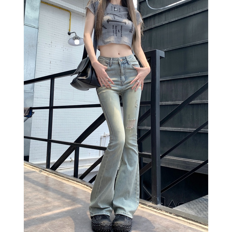 Quần jeans nữ ống loe, quầng bò nữ ống loe màu xanh sáng phối râu mèo rách đùi trước siêu xinh HT 37 | BigBuy360 - bigbuy360.vn