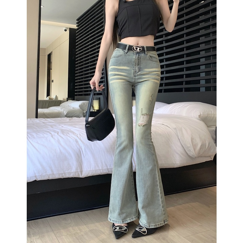 Quần jeans nữ ống loe, quầng bò nữ ống loe màu xanh sáng phối râu mèo rách đùi trước siêu xinh HT 37 | BigBuy360 - bigbuy360.vn