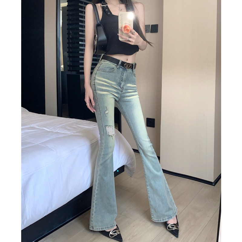Quần jeans nữ ống loe, quầng bò nữ ống loe màu xanh sáng phối râu mèo rách đùi trước siêu xinh HT 37 | BigBuy360 - bigbuy360.vn