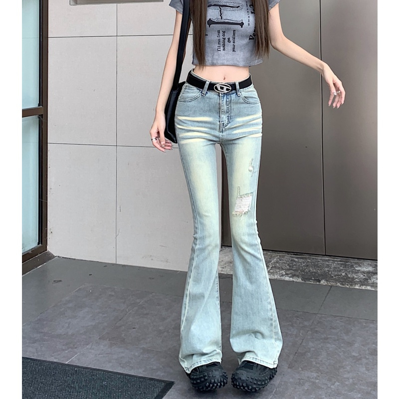Quần jeans nữ ống loe, quầng bò nữ ống loe màu xanh sáng phối râu mèo rách đùi trước siêu xinh HT 37 | BigBuy360 - bigbuy360.vn