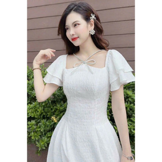 Đầm xòe tay xếp tầng kèm nơ chéo ngực thiết kế trẻ trung xinh xắn