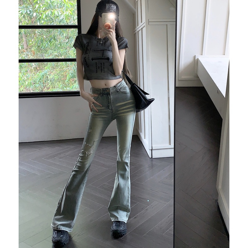 Quần jeans nữ ống loe, quầng bò nữ ống loe màu xanh sáng phối râu mèo rách đùi trước siêu xinh HT 37 | BigBuy360 - bigbuy360.vn