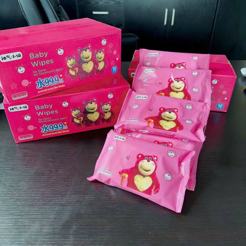 Set 10 Gói Khăn Giấy Ướt Gấu Dâu Tây gói đủ 80 tờ