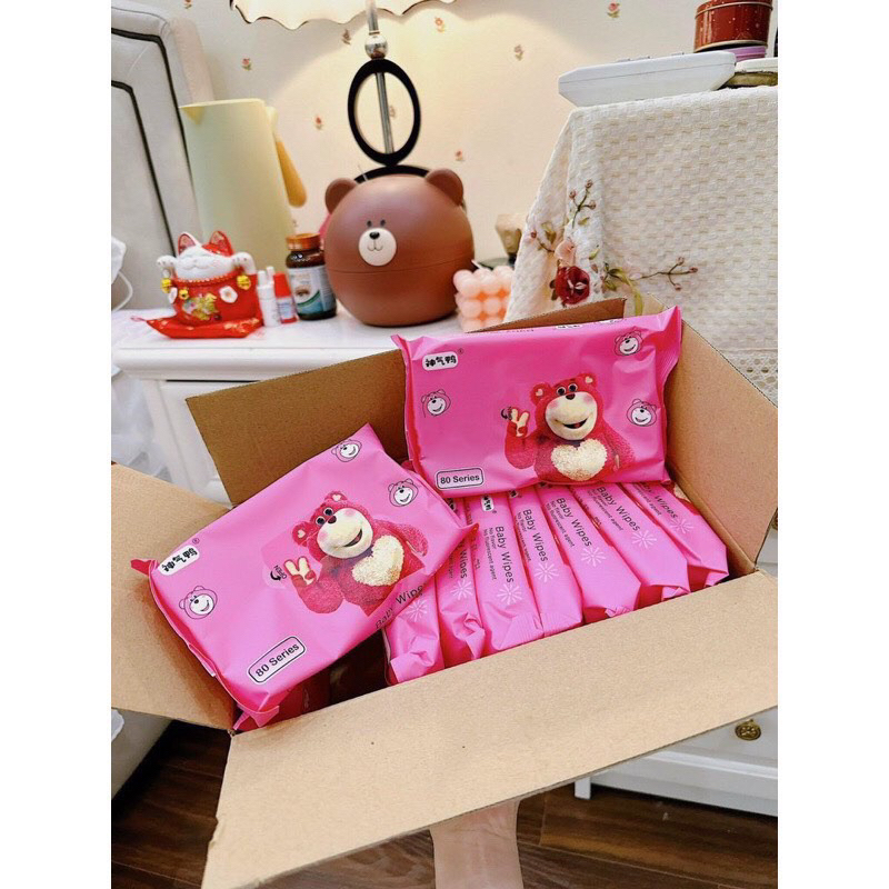 Set 10 Gói Khăn Giấy Ướt Gấu Dâu Tây gói đủ 80 tờ