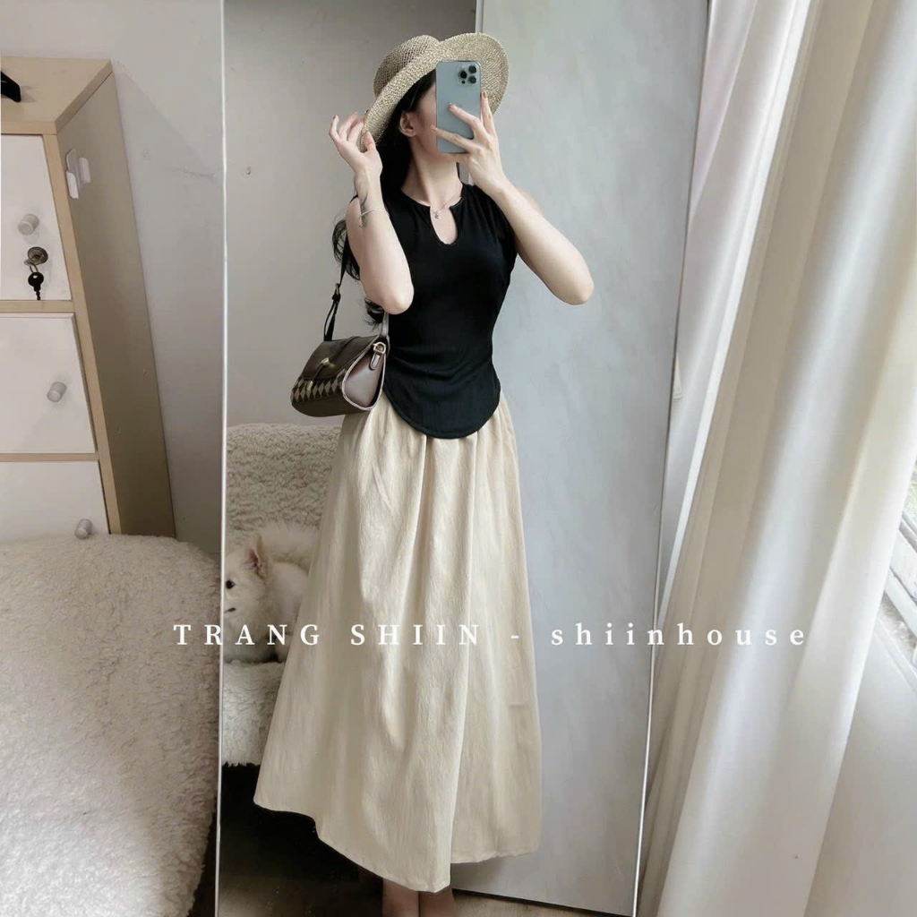 Sét đồ nữ áo thun vạt bào cổ V phối chân váy xòe xinh xắn