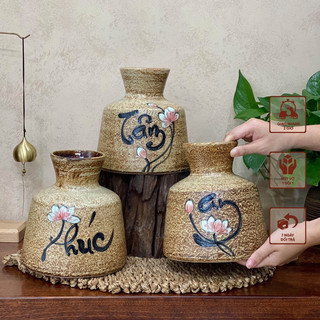 Bình gốm dáng đầm men mộc vàng Bát Tràng vẽ chữ thư pháp  3 họa tiết Phúc, Tâm, An