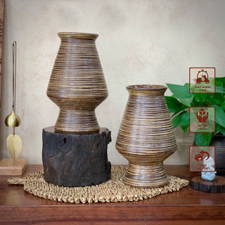 Bình cắm hoa dáng chân đèn gốm sứ Bát Tràng men nâu mộc thủ công H29cm