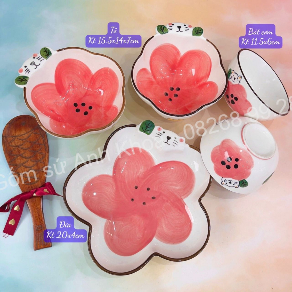 Bộ Bát Đĩa Gốm Sứ Decor, Bát Ăn Cơm, Bát Ăn Chè, Chén Dĩa Dễ Thương Bộ Bát Đĩa Gấu Hoa Hồng xinh yêu Gomsudecor21