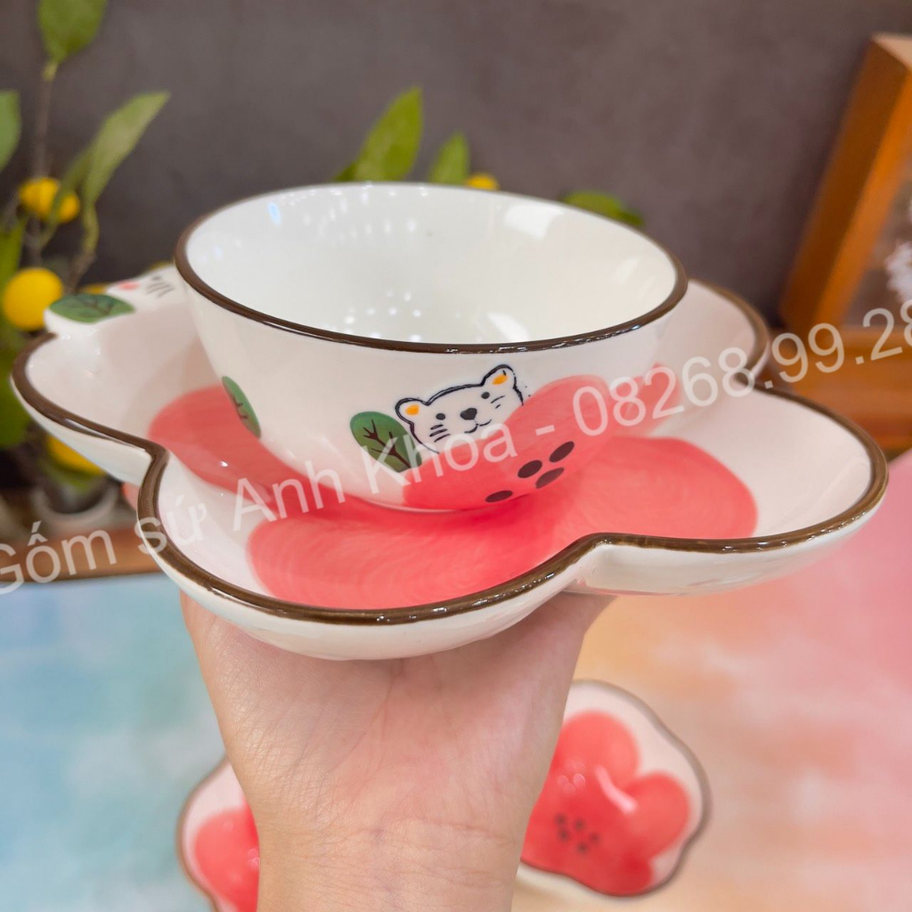 Bộ Bát Đĩa Gốm Sứ Decor, Bát Ăn Cơm, Bát Ăn Chè, Chén Dĩa Dễ Thương Bộ Bát Đĩa Gấu Hoa Hồng xinh yêu Gomsudecor21
