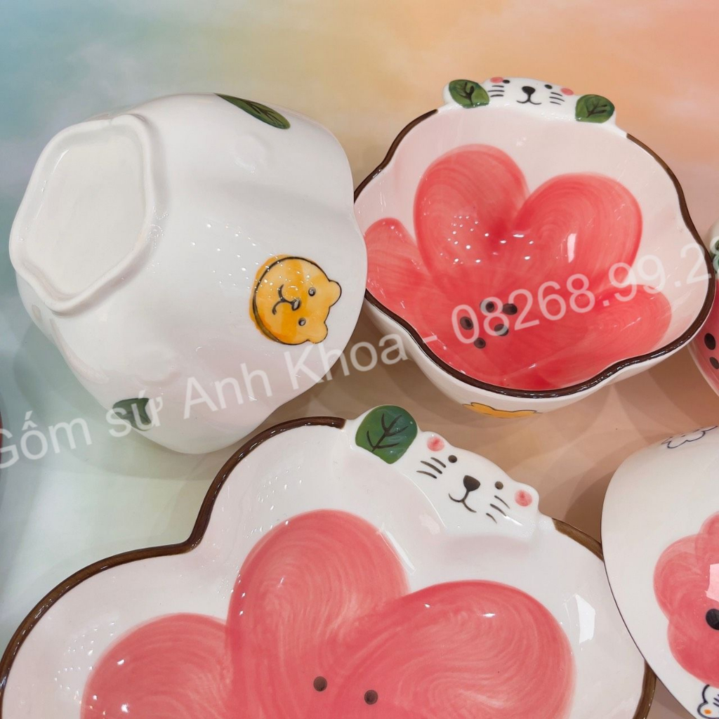 Bộ Bát Đĩa Gốm Sứ Decor, Bát Ăn Cơm, Bát Ăn Chè, Chén Dĩa Dễ Thương Bộ Bát Đĩa Gấu Hoa Hồng xinh yêu Gomsudecor21