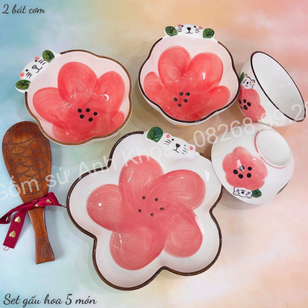 Bộ Bát Đĩa Gốm Sứ Decor, Bát Ăn Cơm, Bát Ăn Chè, Chén Dĩa Dễ Thương Bộ Bát Đĩa Gấu Hoa Hồng xinh yêu Gomsudecor21