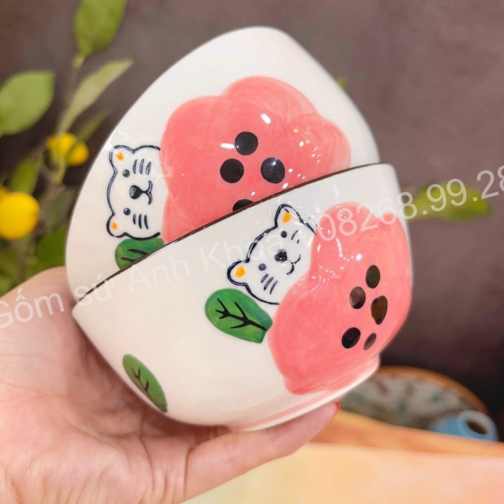 Bộ Bát Đĩa Gốm Sứ Decor, Bát Ăn Cơm, Bát Ăn Chè, Chén Dĩa Dễ Thương Bộ Bát Đĩa Gấu Hoa Hồng xinh yêu Gomsudecor21