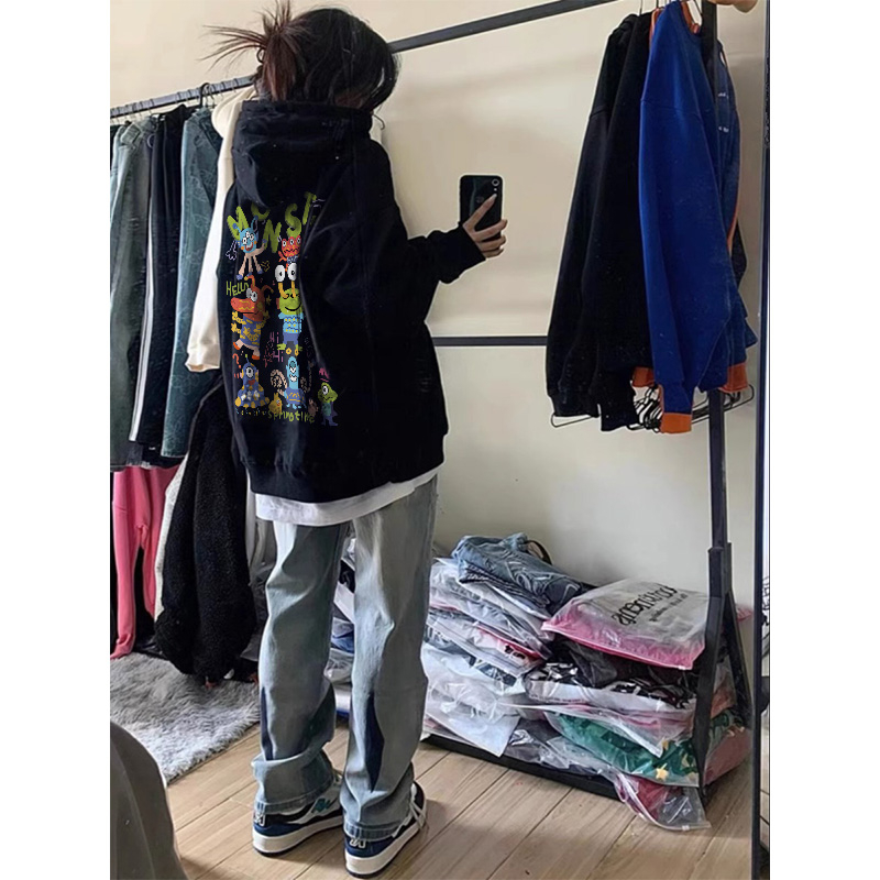 Áo nỉ cotton Đen local brand có mũ thời trang nữ Salute Hoodie Hàn Quốc cho ngầu in quái vật