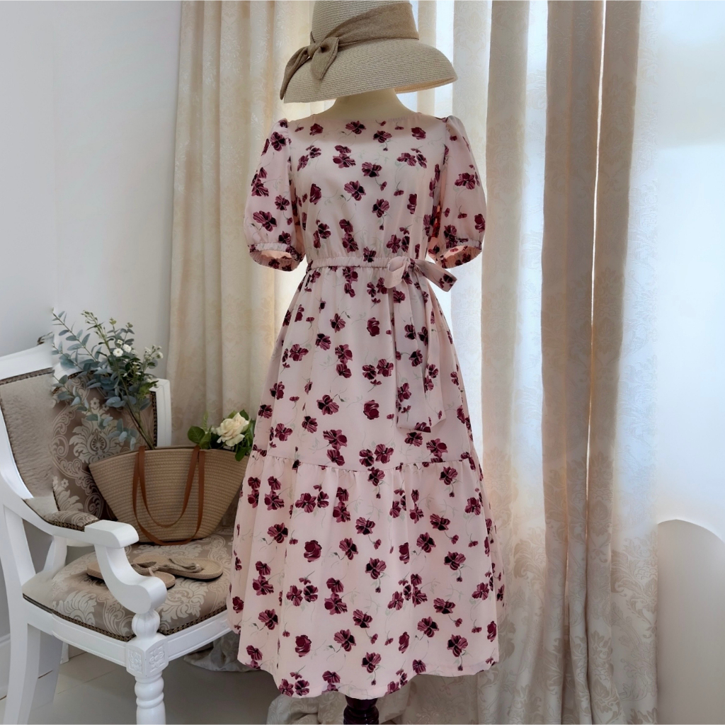 Đầm Midi tay phồng, dún ngực đính nơ, eo dún thun, tùng xoè rộng, có túi hông _ D9.688 _ Hồng Bông Hồng
