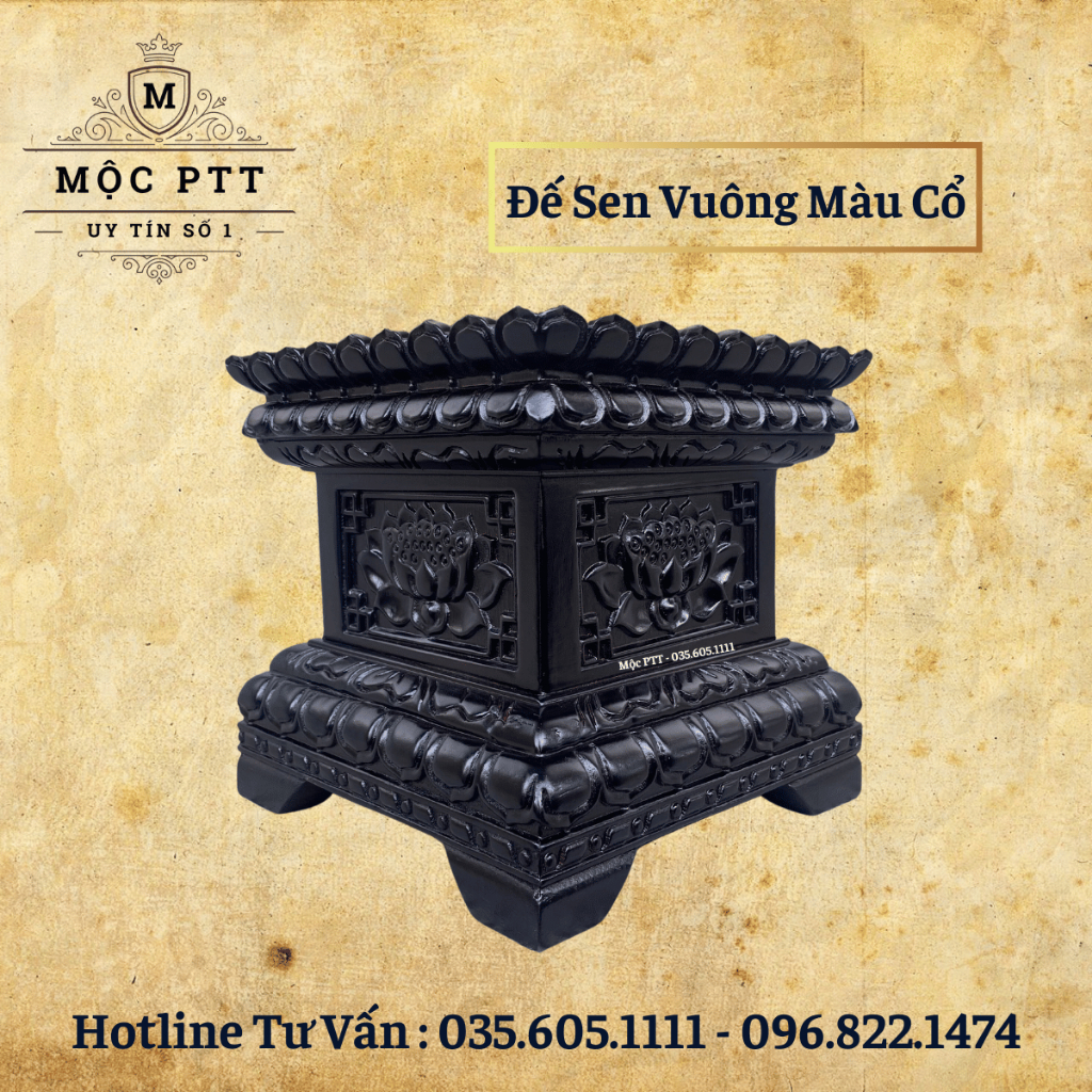 Đôn Vuông , Đế Vuông mẫu Hoa Sen gỗ Hương Đá màu cổ kích thước mặt 20 25 30 35 40 cm kê tượng Phật