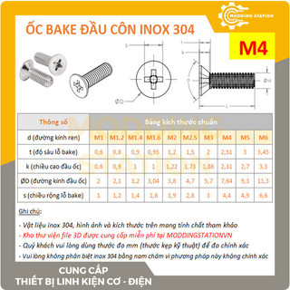 Ốc bake đầu côn inox 304 size m4x5mm, m4x6mm, m4x8mm, m4x10mm, m4x12mm, m4x16mm, m4x20mm, m4x25mm, m4x30mm, m4x35mm, m4x