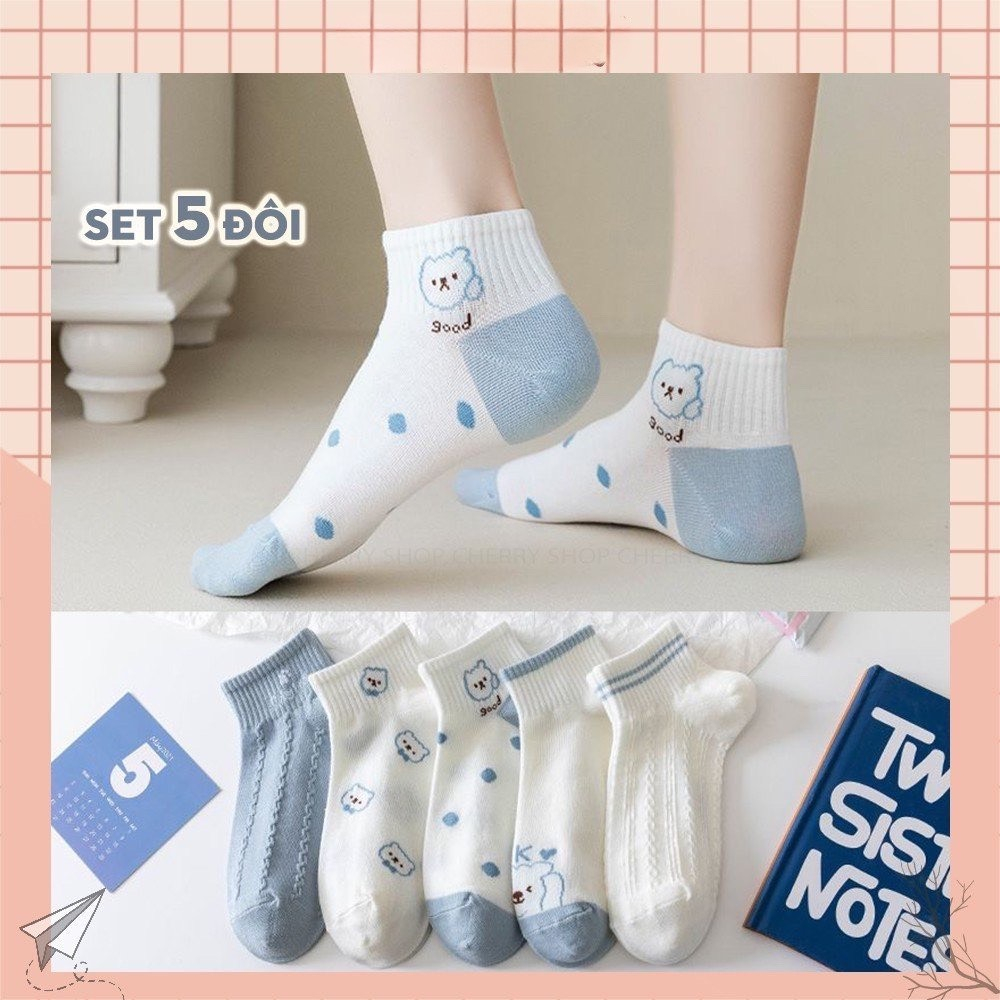 Set 5 Đôi Tất Vớ Nữ Họa Tiết Tone Xanh Phong Cách Hàn Siêu Hot TH1