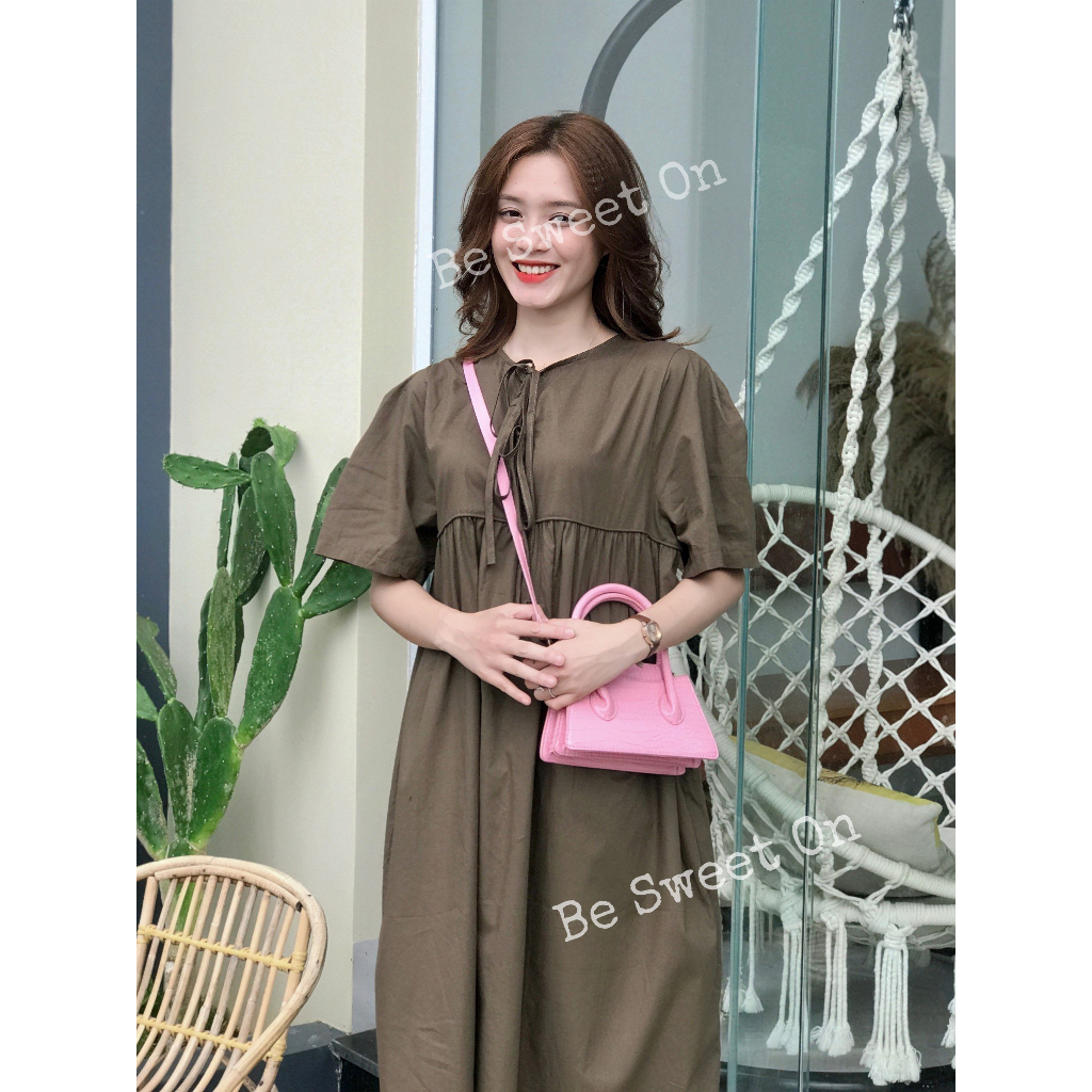 Váy babydoll cộc tay xoè dài, màu nâu vintage nhẹ nhàng style Hàn Quốc