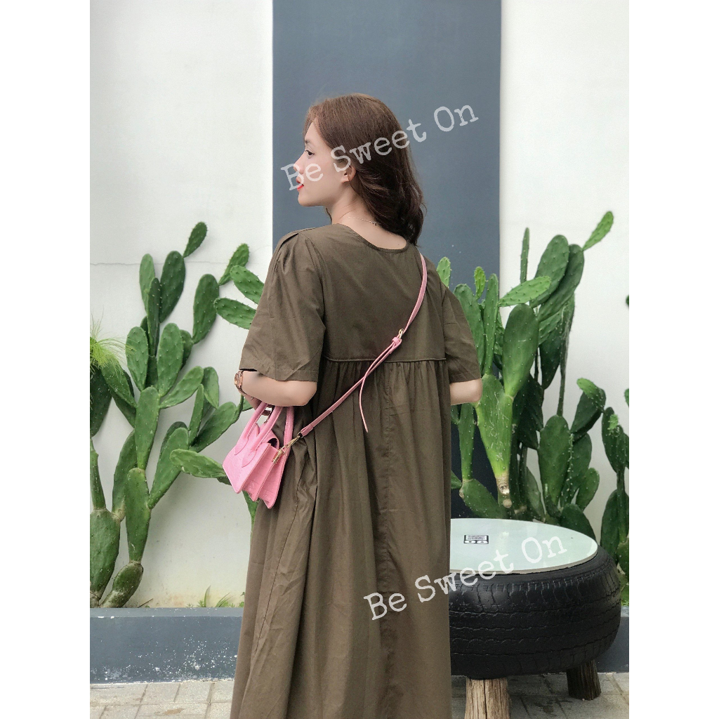 Váy babydoll cộc tay xoè dài, màu nâu vintage nhẹ nhàng style Hàn Quốc